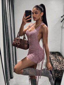 Bumpella Gaun Mini Bodycon Tanpa Lengan Rajut dengan Tudung dan Rumbai Bergaris Tanpa Punggung untuk Wanita - MultiWarna - View 1