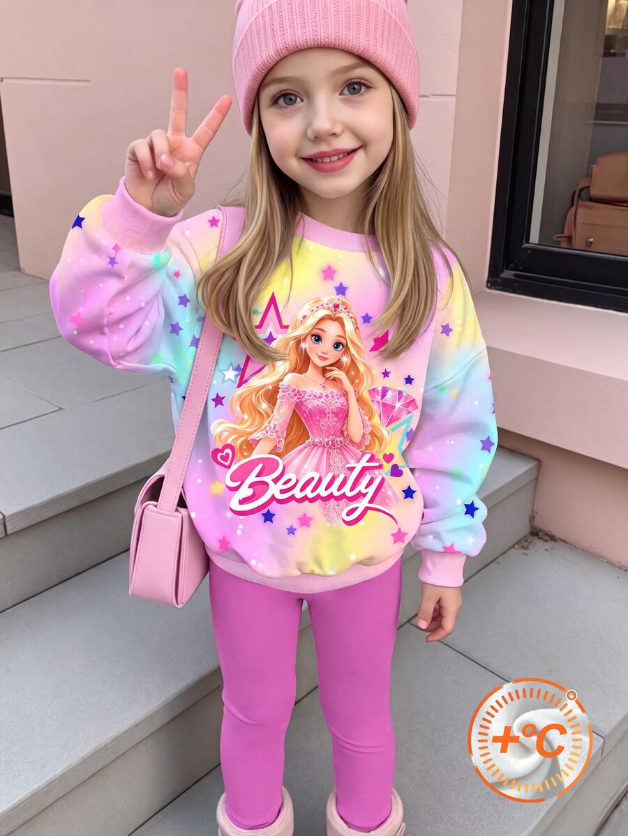 Toddler Girls Princess Cartoon Sweatshirt & Rainbow Leggings Set, Pink (2 Pcs) Fall Winter - Multicolor - View 1