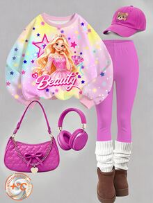 Toddler Girls Princess Cartoon Sweatshirt & Rainbow Leggings Set, Pink (2 Pcs) Fall Winter - Multicolor - View 6