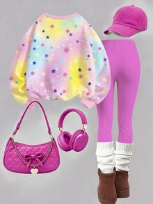 Toddler Girls Princess Cartoon Sweatshirt & Rainbow Leggings Set, Pink (2 Pcs) Fall Winter - Multicolor - View 2