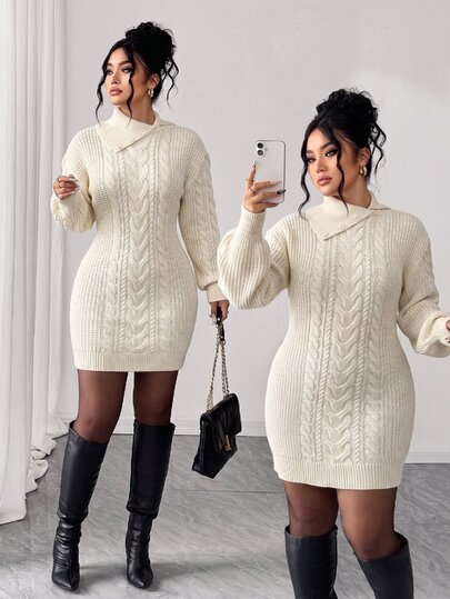 Elenzga Plus Size Women's Autumn/Winter Elegant Fashion Long Sleeve Loose Slimming Knit Dress, Outdoor Wear, White