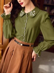 Vintamour 女款花卉刺繡單排扣優雅復古襯衫 - 軍綠色 - 查看 1