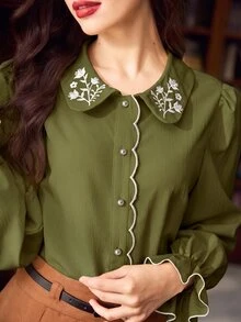 Vintamour 女款花卉刺繡單排扣優雅復古襯衫 - 軍綠色 - 查看 2