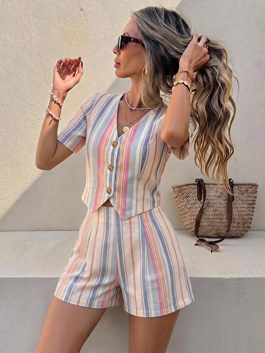Serisse Autumn New Arrival Daily Beach Style Striped Single-Breasted Vest & Shorts 2 Pieces Set - Multicolor - View 1