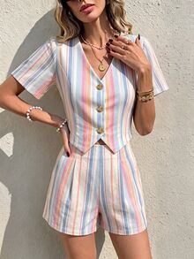 Serisse Autumn New Arrival Daily Beach Style Striped Single-Breasted Vest & Shorts 2 Pieces Set - Multicolor - View 6