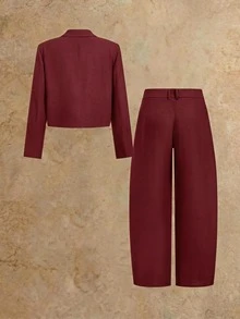 HIMLAND Men's Woven Fashion Casual Loose Long Sleeve Blazer And Straight Leg Elastic Waist Pants 2 Pieces Set - Burgundy - View 3