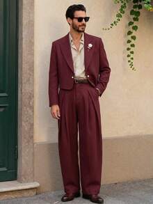 HIMLAND Men's Woven Fashion Casual Loose Long Sleeve Blazer And Straight Leg Elastic Waist Pants 2 Pieces Set - Burgundy - View 2