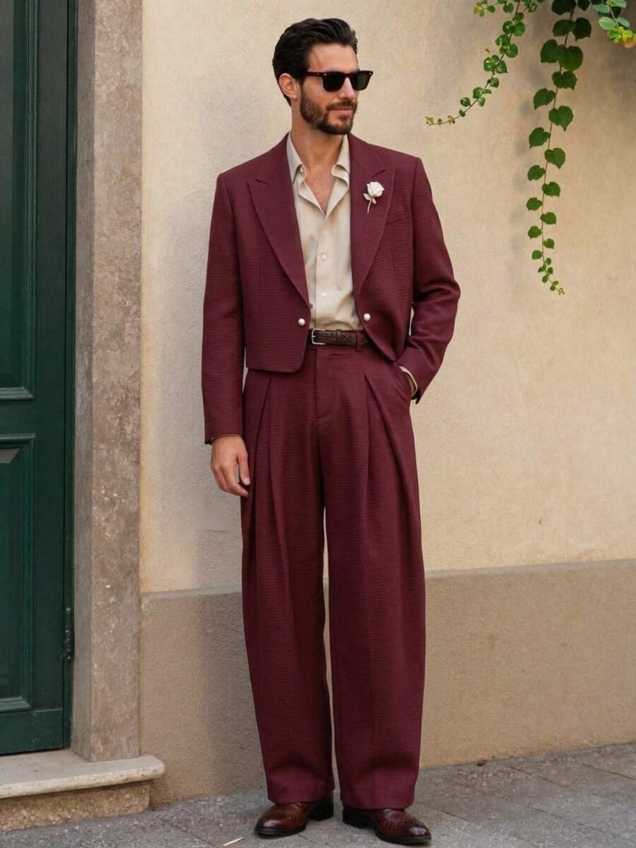 HIMLAND Men's Woven Fashion Casual Loose Long Sleeve Blazer And Straight Leg Elastic Waist Pants 2 Pieces Set - Burgundy - View 1