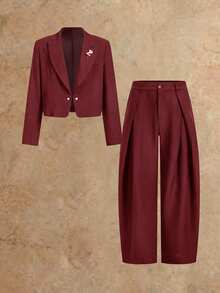 HIMLAND Men's Woven Fashion Casual Loose Long Sleeve Blazer And Straight Leg Elastic Waist Pants 2 Pieces Set - Burgundy - View 1