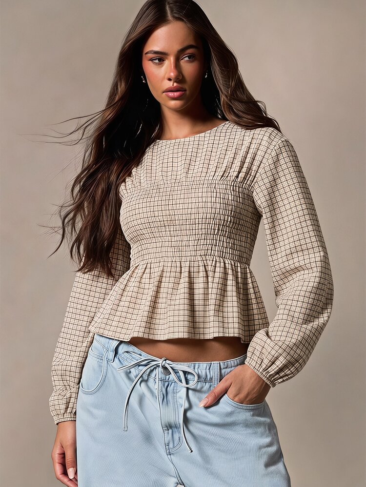 Athîral Women's Beige Plaid Peplum Top,Smocked Waist,Crew Neck,Long Flare Sleeves,Casual Vintage Blouse For Fall,Dates And Gatherings,Elegant Modern Blouses - Multicolor - View 5
