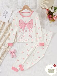 1 Set Girls' Fitted Loungewear Set, White With Large Pink Bow Print, Long Sleeve, Long Pants, High Elastic Knit Fabric, Snug Fit, Comfortable Sweet Style Home Set (1 Set Sold Separately) - Multicolor - View 4