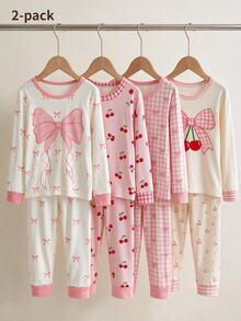 1 Set Girls' Fitted Loungewear Set, White With Large Pink Bow Print, Long Sleeve, Long Pants, High Elastic Knit Fabric, Snug Fit, Comfortable Sweet Style Home Set (1 Set Sold Separately) - Multicolor - View 1