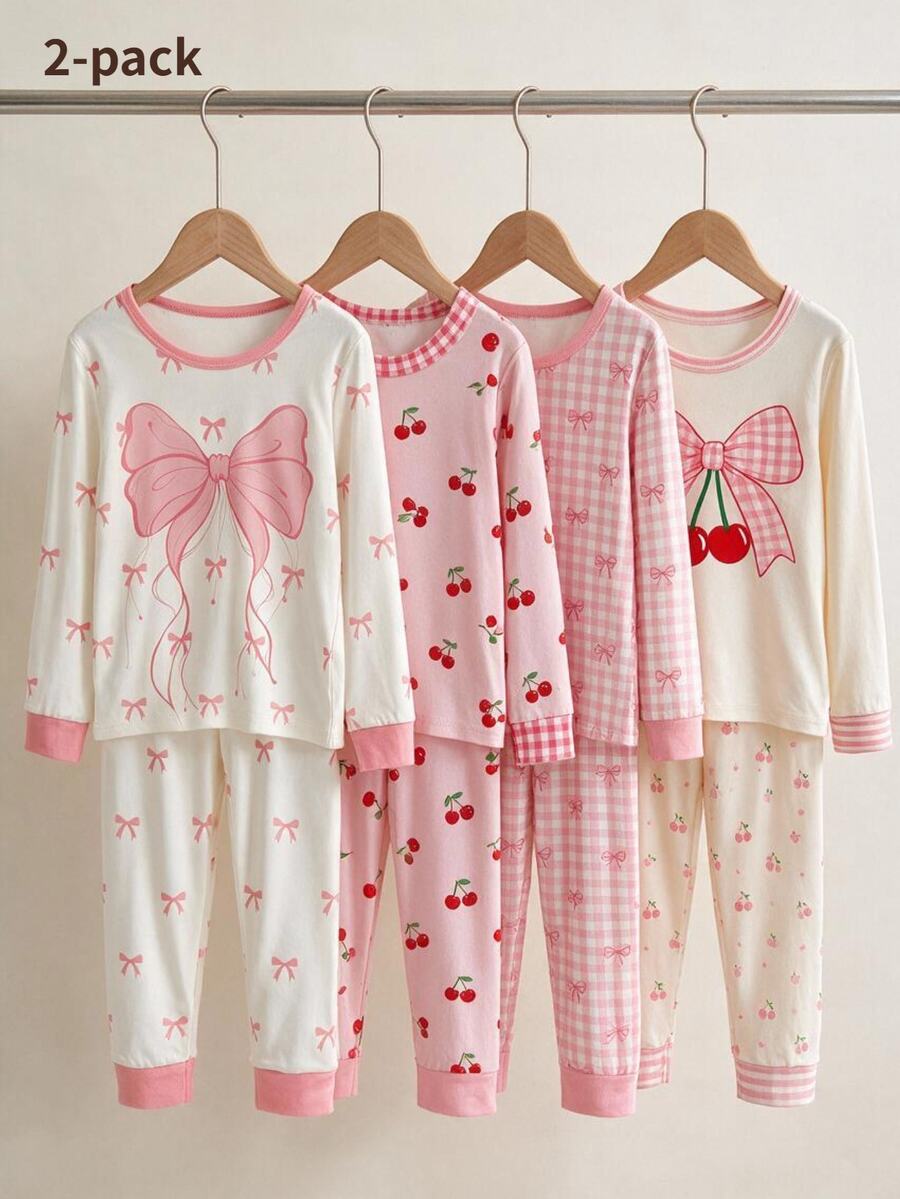 1 Set Girls' Fitted Loungewear Set, White With Large Pink Bow Print, Long Sleeve, Long Pants, High Elastic Knit Fabric, Snug Fit, Comfortable Sweet Style Home Set (1 Set Sold Separately) - Multicolor - View 1