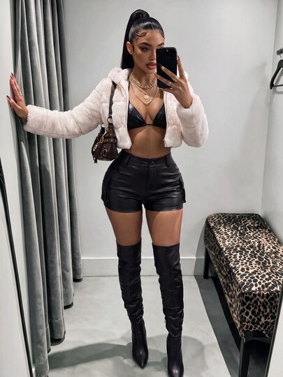 Bumpella Women's Solid Color Cropped Hooded Faux Fur Jacket, Winter Faux Fur Coat,Fall Night White Streetwear