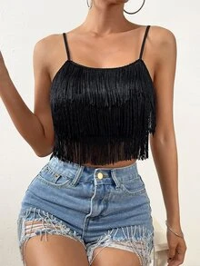 SHEIN Unity Fringe Trim Crop Cami Top - Black - View 4