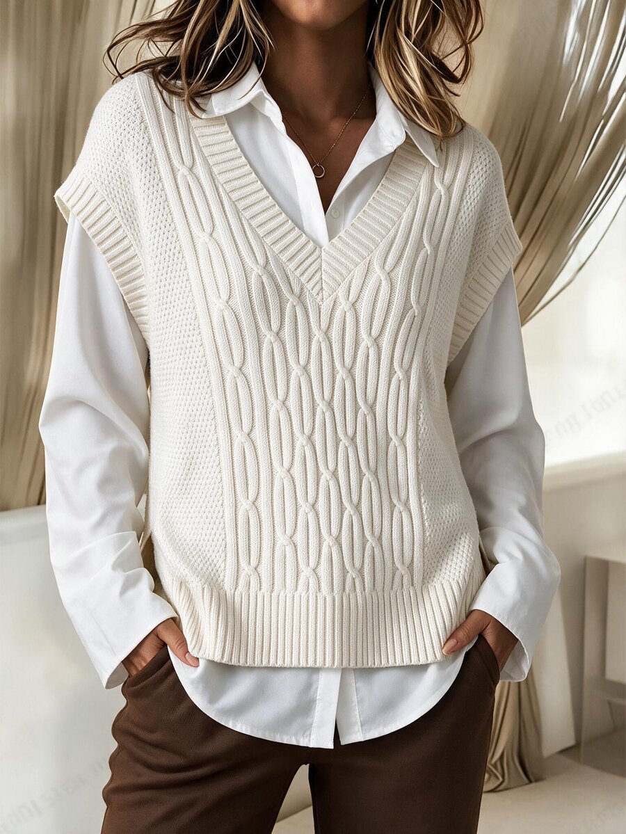 Penseblé 1pc Cable Knit Sweater Vest - Apricot - View 1