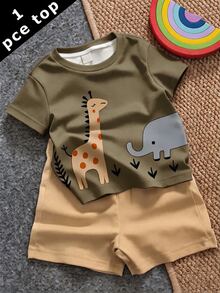 SHEIN Baby Boy Casual Minimalist Cartoon Animal Print Short Sleeve Top Suitable For Spring And Summer - Multicolor - View 1