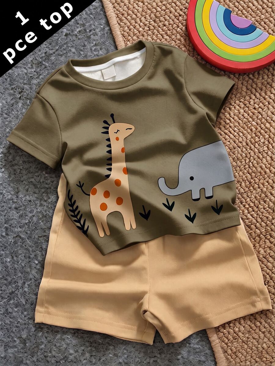 SHEIN Baby Boy Casual Minimalist Cartoon Animal Print Short Sleeve Top Suitable For Spring And Summer - Multicolor - View 1