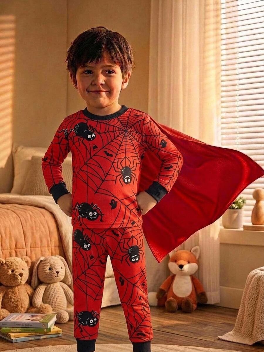 SHEIN Kids Young Boy Red Spider Pattern Casual Minimalist Snug Fit Comfortable Thick Long Sleeve Crew Neck Pants Loungewear Suitable For Autumn/Winter - Multicolor - View 1