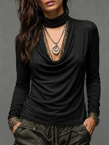 LUMIGAL Autumn Fashion Solid Color Scoop Neck Long Sleeve T-Shirt - Black - View 1