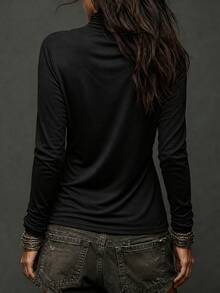 LUMIGAL Autumn Fashion Solid Color Scoop Neck Long Sleeve T-Shirt - Black - View 2