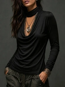 LUMIGAL Autumn Fashion Solid Color Scoop Neck Long Sleeve T-Shirt - Black - View 5