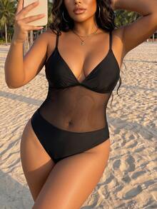 Swim SXY Baju Renang One-Piece Wanita Ukuran Besar Warna Polos Seksi Elegan Gaya Liburan Musim Panas untuk Liburan Pantai Pesta Liburan Hitam - Hitam - View 5