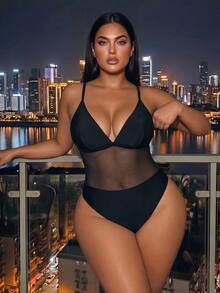 Swim SXY Baju Renang One-Piece Wanita Ukuran Besar Warna Polos Seksi Elegan Gaya Liburan Musim Panas untuk Liburan Pantai Pesta Liburan Hitam - Hitam - View 4