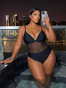 Swim SXY Baju Renang One-Piece Wanita Ukuran Besar Warna Polos Seksi Elegan Gaya Liburan Musim Panas untuk Liburan Pantai Pesta Liburan Hitam - Hitam - View 3