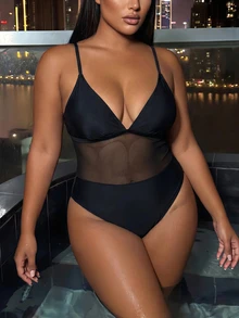 Swim SXY Baju Renang One-Piece Wanita Ukuran Besar Warna Polos Seksi Elegan Gaya Liburan Musim Panas untuk Liburan Pantai Pesta Liburan Hitam - Hitam - View 6