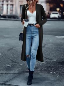 SHEIN LUNE Solid Casual Design Cardigan,Long Sleeve Tops Fall Winter Cloth For Women - Black - View 8