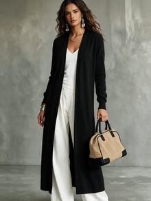 SHEIN LUNE Solid Casual Design Cardigan,Long Sleeve Tops Fall Winter Cloth For Women - Black - View 2