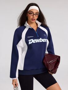 Dewbera Dewbera Women's Loose Half-Zip Collar Letter Print Sweatshirt, Loose Long Sleeve Pullover, Casual Versatile Sporty Sweatshirt For Autumn - Navy Blue - View 4