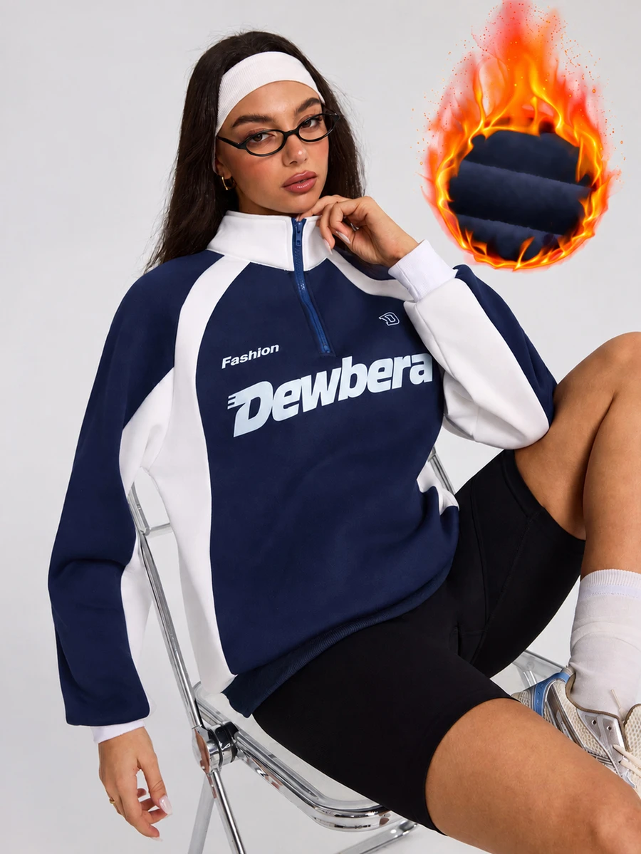 Dewbera Dewbera Women's Loose Half-Zip Collar Letter Print Sweatshirt, Loose Long Sleeve Pullover, Casual Versatile Sporty Sweatshirt For Autumn - Navy Blue - View 1