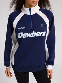 Dewbera Dewbera Women's Loose Half-Zip Collar Letter Print Sweatshirt, Loose Long Sleeve Pullover, Casual Versatile Sporty Sweatshirt For Autumn - Navy Blue - View 6