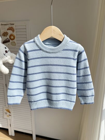 SHEIN Vintaside Kids Baby Boys Sweaters Round Neck Striped Two-Tone Pullover Sweater Brown Comfortable Soft Minimalist Premium Sporty Cute Suitable For Autumn Winter Suitable For Party Suitable For Outing Suitable For Travel Suitable For School Suitable For Outdoor Play