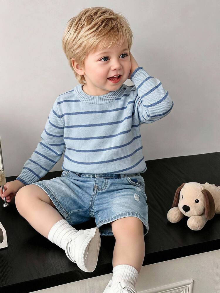 SHEIN Vintaside Kids Baby Boys Sweaters Round Neck Striped Two-Tone Pullover Sweater Brown Comfortable Soft Minimalist Premium Sporty Cute Suitable For Autumn Winter Suitable For Party Suitable For Outing Suitable For Travel Suitable For School Suitable For Outdoor Play - Blue - View 8