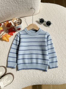 SHEIN Vintaside Kids 男嬰圓領條紋雙色套頭毛衣，棕色舒適柔軟簡約高級運動風可愛款，適合秋冬，適用派對、外出、旅行、上學與戶外玩耍 - 藍色 - 查看 5