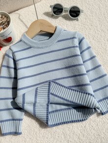 SHEIN Vintaside Kids 男嬰圓領條紋雙色套頭毛衣，棕色舒適柔軟簡約高級運動風可愛款，適合秋冬，適用派對、外出、旅行、上學與戶外玩耍 - 藍色 - 查看 7