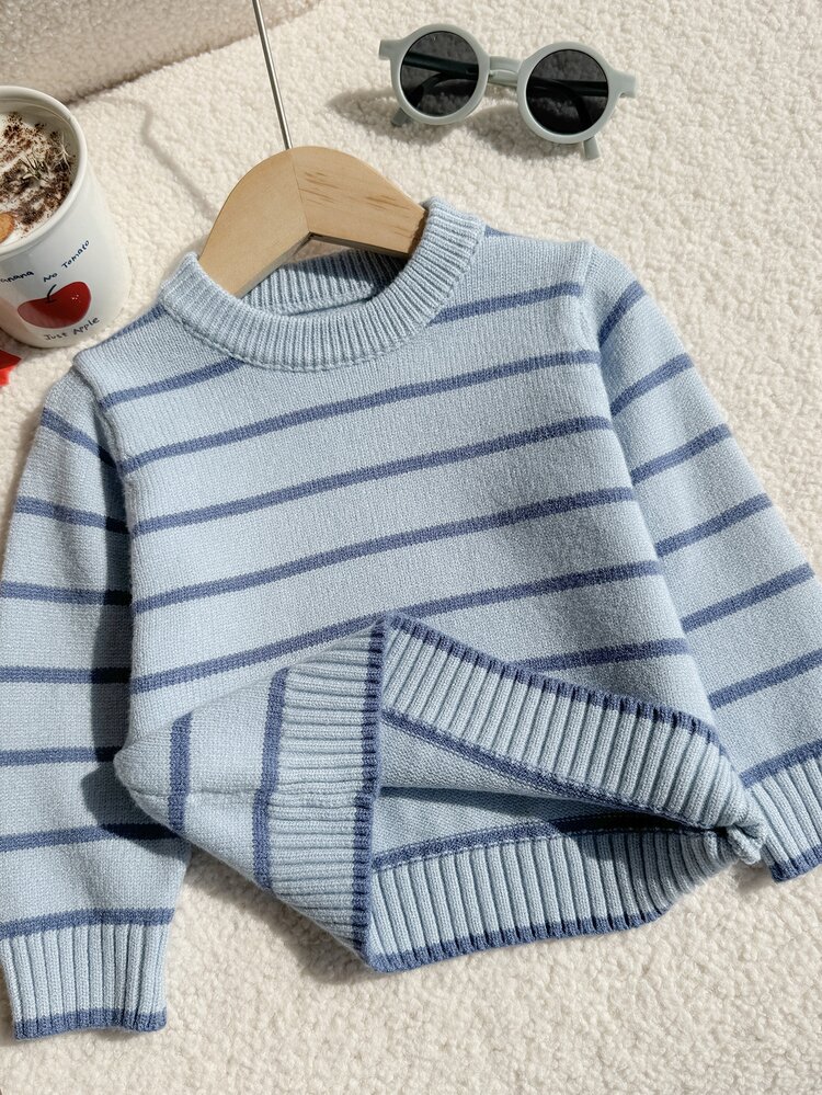 SHEIN Vintaside Kids Baby Boys Sweaters Round Neck Striped Two-Tone Pullover Sweater Brown Comfortable Soft Minimalist Premium Sporty Cute Suitable For Autumn Winter Suitable For Party Suitable For Outing Suitable For Travel Suitable For School Suitable For Outdoor Play - Blue - View 7