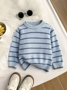 SHEIN Vintaside Kids 男嬰圓領條紋雙色套頭毛衣，棕色舒適柔軟簡約高級運動風可愛款，適合秋冬，適用派對、外出、旅行、上學與戶外玩耍 - 藍色 - 查看 6