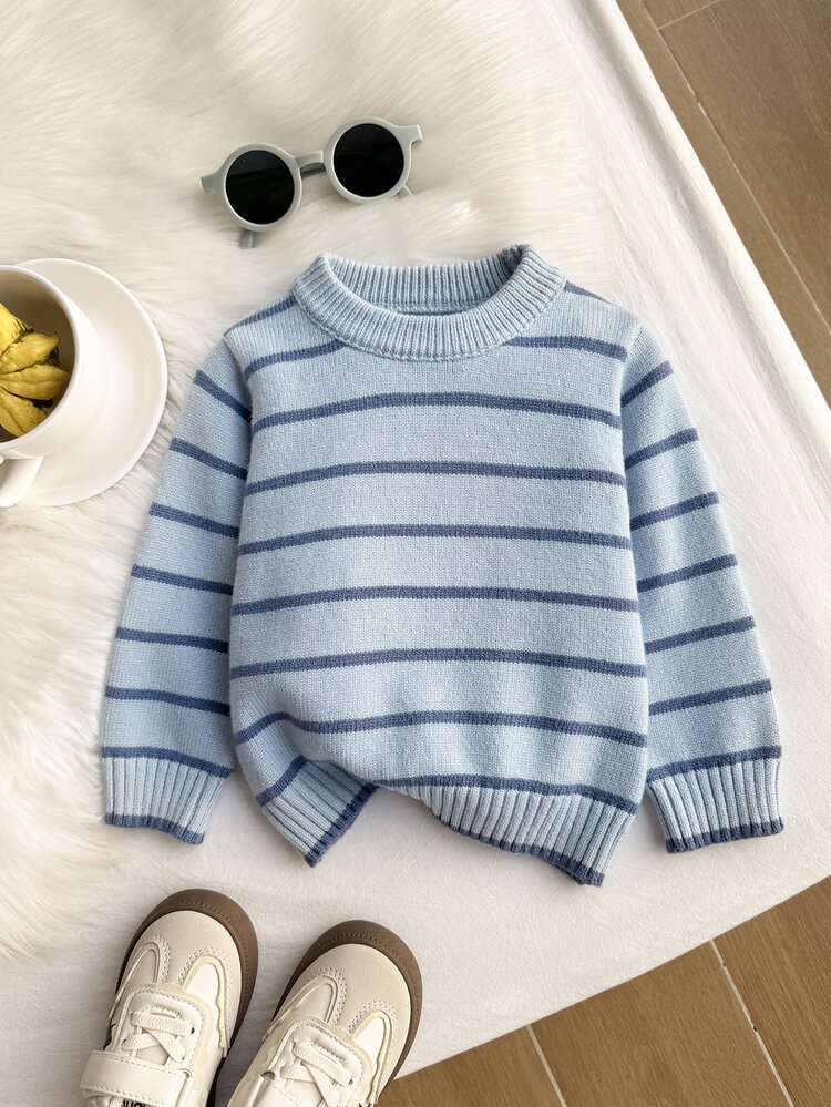 SHEIN Vintaside Kids Baby Boys Sweaters Round Neck Striped Two-Tone Pullover Sweater Brown Comfortable Soft Minimalist Premium Sporty Cute Suitable For Autumn Winter Suitable For Party Suitable For Outing Suitable For Travel Suitable For School Suitable For Outdoor Play - Blue - View 6