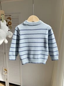 SHEIN Vintaside Kids 男嬰圓領條紋雙色套頭毛衣，棕色舒適柔軟簡約高級運動風可愛款，適合秋冬，適用派對、外出、旅行、上學與戶外玩耍 - 藍色 - 查看 2