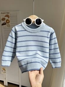 SHEIN Vintaside Kids 男嬰圓領條紋雙色套頭毛衣，棕色舒適柔軟簡約高級運動風可愛款，適合秋冬，適用派對、外出、旅行、上學與戶外玩耍 - 藍色 - 查看 3