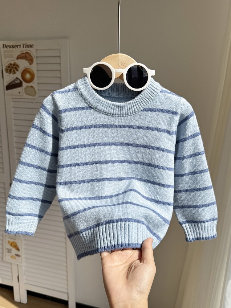 SHEIN Vintaside Kids Baby Boys Sweaters Round Neck Striped Two-Tone Pullover Sweater Brown Comfortable Soft Minimalist Premium Sporty Cute Suitable For Autumn Winter Suitable For Party Suitable For Outing Suitable For Travel Suitable For School Suitable For Outdoor Play - Blue - View 3