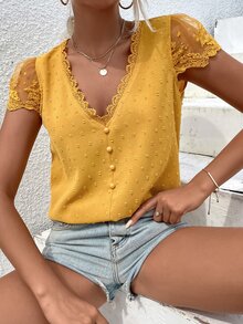 Breezaya Swiss Dot Guipure Lace Detail Contrast Embroidered Mesh Blouse - Yellow - View 4