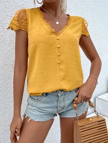 Breezaya Swiss Dot Guipure Lace Detail Contrast Embroidered Mesh Blouse - Yellow - View 7