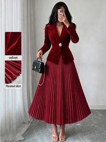 SHEIN Raffinéa Autumn/Winter Fashion Versatile Women's Suit Set, Waist-Cinching Cardigan Top And Pleated Skirt Two Pieces Outfit, Suitable For Commuting, Office, Street Style And More Occasions - Burgundy - View 1