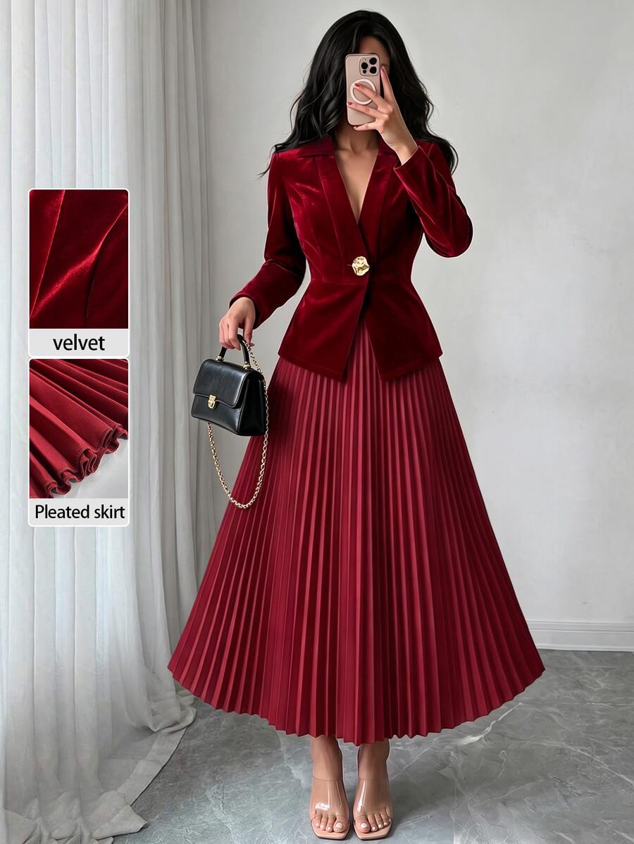 SHEIN Raffinéa Autumn/Winter Fashion Versatile Women's Suit Set, Waist-Cinching Cardigan Top And Pleated Skirt Two Pieces Outfit, Suitable For Commuting, Office, Street Style And More Occasions - Burgundy - View 1