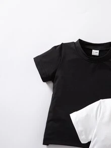 SHEIN Souflis 2件組女嬰服裝 白色與黑色 夏季休閒度假 時尚優雅老錢風圓領柔軟T恤上衣 度假海灘校園穿搭 - 黑與白 - 查看 5